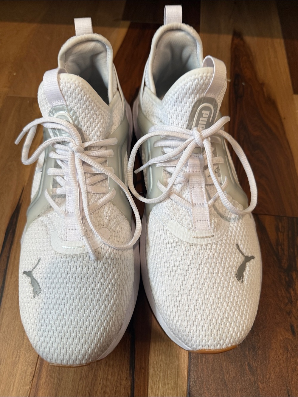 Puma White and Light Gray Knit Trainer Sneakers